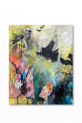 Abstract art piece with colorful brush strokes on a white background