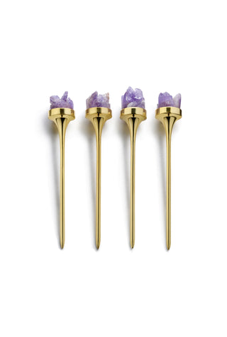 Hospitality Cocktail Picks, Gold & Amethyst Druze, Set of 4
