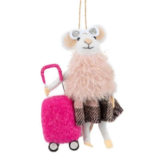 Mouse In Pink Fur Coat And Suitcase Ornament
