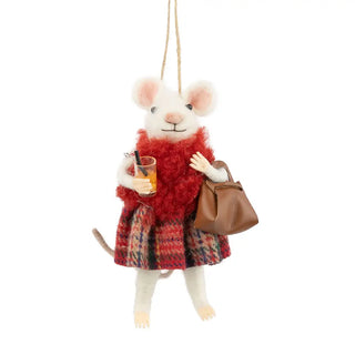 Mouse In Red Plaid Skirt With Drink And Purse Ornament