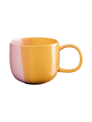 Two-tone pink and yellow mug on a white background
