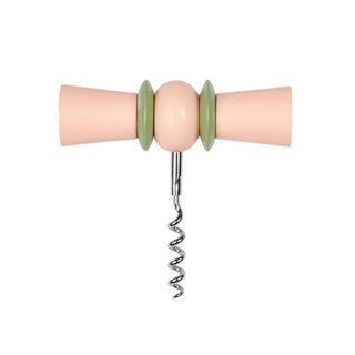 Corkscrew with wooden handle and green cork on a white background