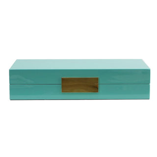 Turquoise jewelry box with a gold handle on a white background