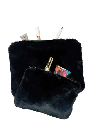 Black Sheared Beaver Faux Fur Travel Pouches